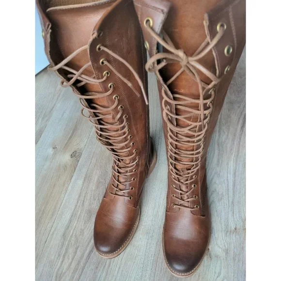Frye Veronica Tall Lace Up Boots Womens 9.5 B Cognac Brown Knee High Combat - Picture 1 of 10